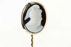 14K Yellow Gold Carved Black Agate Cameo Oval Ornate Stick Pin