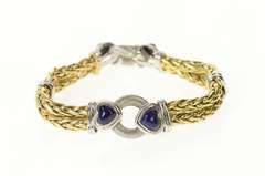 14K Yellow Gold Two Tone Lapis Lazuli Heart Wheat Chain Bracelet
