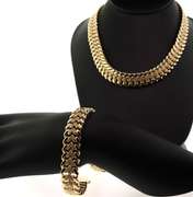 Set of Heart-Shaped 14k Gold Curb Chain ItalianHandmade Necklace and Bracelet with Cubic Zirconias
