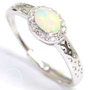 GENUINE ETHIOPIAN OPAL & CREATED WHITE SAPPHIRE 925 STERLING SILVER ADJUSTABLE OPEN RING