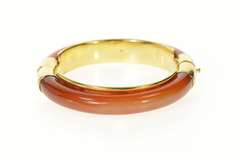 14K Yellow Gold Carved Carnelian Agate Ornate Retro Bangle Bracelet