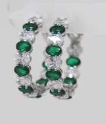 Sterling Silver Green and White Cubic Zirconia Hoop Earrings