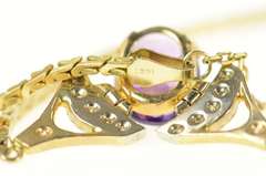 14K Yellow Gold Oval Amethyst Diamond Chevron Square Chain Necklace