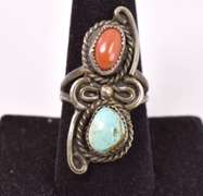 Vintage Turquoise and Coral Ring in Sterling Silver