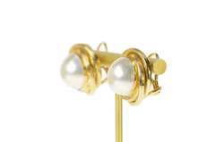 14K Yellow Gold Mabe Pearl Retro Ornate Twist French Clip Earrings
