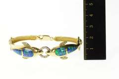 14K Yellow Gold Black Opal Inlay Diamond Ornate Dolphin Bracelet