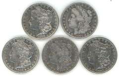 Nice run of 5 Diff. Morgan Silver Dollars 1878 to 1894-O