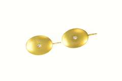 14K Yellow Gold Satin Finish Retro Diamond Oval Dangle Earrings