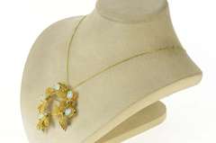 18K Yellow Gold Opal Diamond Retro Leaf Cluster Statement Pendant/Pin