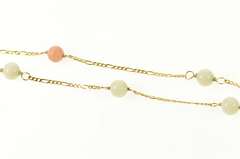 14K Yellow Gold Pale Green Quartz & Coral Retro Chain Necklace