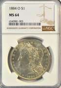 Bright-white near Gem BU 1884-O Morgan Silver Dollar. NGC MS64