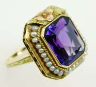 Exquisite Antique 14K Amethyst & Seed Pearls Ring, 6