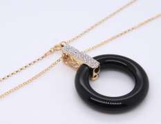 Amazing Yellow Gold Black Onyx Circle w Diamond Bail Pendant on Chain