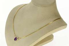14K Yellow Gold Oval Amethyst Diamond Chevron Square Chain Necklace
