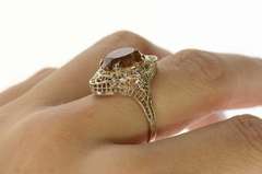 14K White Gold Art Deco Citrine Ornate Filigree Statement Ring