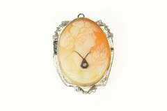14K White Gold Victorian Diamond Necklace Carved Cameo Pin/Brooch