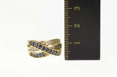 10K Yellow Gold Sapphire Diamond Criss Cross Statement Band Ring