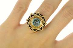 14K Yellow Gold Black Onyx Blue Topaz Ornate Cocktail Ring