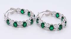 Sterling Silver Green and White Cubic Zirconia Hoop Earrings