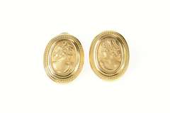 14K Yellow Gold Ornate Repousse Lady Cameo French Clip Earrings