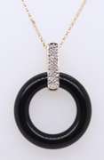 Amazing Yellow Gold Black Onyx Circle w Diamond Bail Pendant on Chain