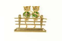 14K Yellow Gold 1960's Diamond Jade Ruby Fence Cats Pin/Brooch