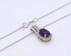 Elegant White Gold Amethyst and Diamond Halo Pendant on Chain