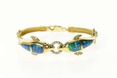 14K Yellow Gold Black Opal Inlay Diamond Ornate Dolphin Bracelet
