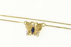 18K Yellow Gold Sapphire Diamond Floral Butterfly Box Chain Necklace