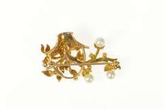 14K Yellow Gold Retro Floral Pearl Vine Basket Bouquet Pin/Brooch