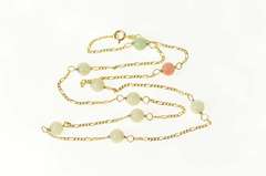 14K Yellow Gold Pale Green Quartz & Coral Retro Chain Necklace