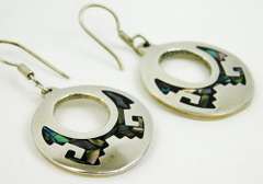 Vintage Sterling Mexico  Inlaid Drop Hoop Earrings