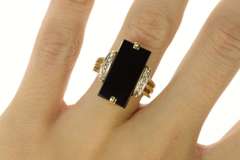 14K Yellow Gold Retro Black Onyx Diamond Accent Statement Ring