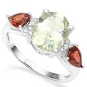 925 STERLING SILVER OV 8*10 MM GREEN AMETHYST , GARNET AND DIAMOND WOMEN RING