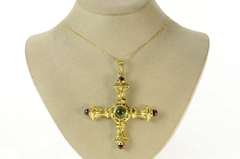 18K Yellow Gold Ornate Pink & Green Tourmaline Cross Pendant/Pin