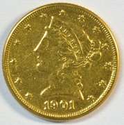 Sharp 1901-S US $5 Liberty Gold Piece. Cleaned