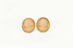 14K Yellow Gold Carved Shell Cameo Lady Statement Stud Earrings