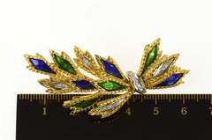 18K Yellow Gold Blue Green Enamel Diamond Leaf Cluster Pin/Brooch