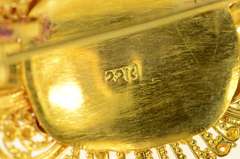 22K Yellow Gold Elaborate Thai Ruby Emerald Fringe Pin/Brooch