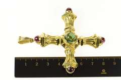 18K Yellow Gold Ornate Pink & Green Tourmaline Cross Pendant/Pin