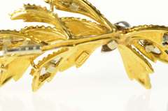 18K Yellow Gold Blue Green Enamel Diamond Leaf Cluster Pin/Brooch