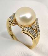 Lustrous Button Pearl and Diamond Ring