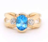 Favorite Yellow Gold Blue Topaz and Diamond Half Bezel Ring