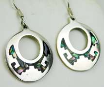 Vintage Sterling Mexico  Inlaid Drop Hoop Earrings