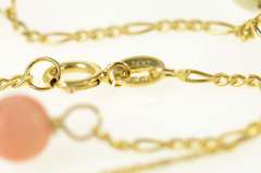 14K Yellow Gold Pale Green Quartz & Coral Retro Chain Necklace