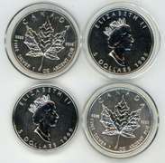 4 Diff. Canada pure .9999 Silver 1 oz Maple Leafs. Capsules