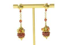 18K Yellow Gold Dangle Ball Autumn Fall Color Beaded Earrings
