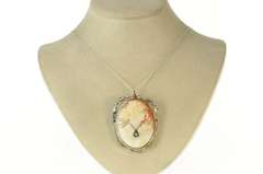 14K White Gold Victorian Diamond Necklace Carved Cameo Pin/Brooch