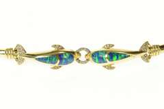14K Yellow Gold Black Opal Inlay Diamond Ornate Dolphin Bracelet