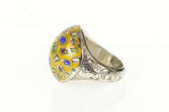 Sterling Silver Yellow Blue Green Enamel Retro Domed Ring